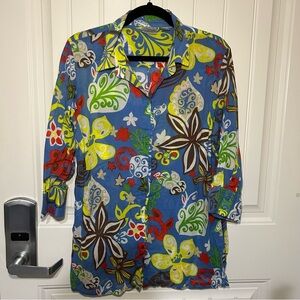 Chicos Blue & Floral Pattern Button Down 3/4 Sleeve Top Size 12